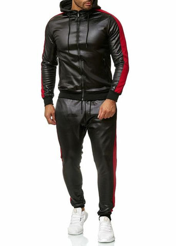 ZOGAA Mens Sweat Suit Hooded Jacket Pants Set made from high-quality PU leather.