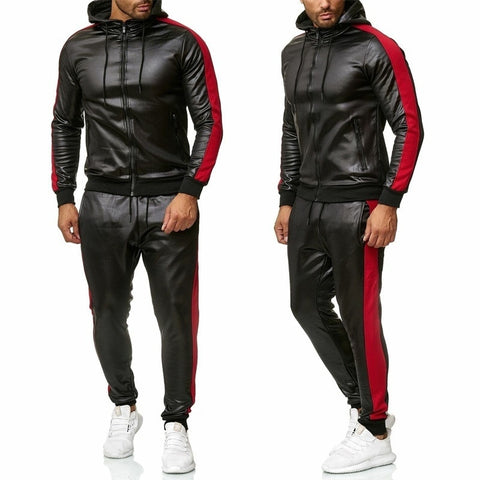 ZOGAA Mens Sweat Suit Hooded Jacket Pants Set made from high-quality PU leather.